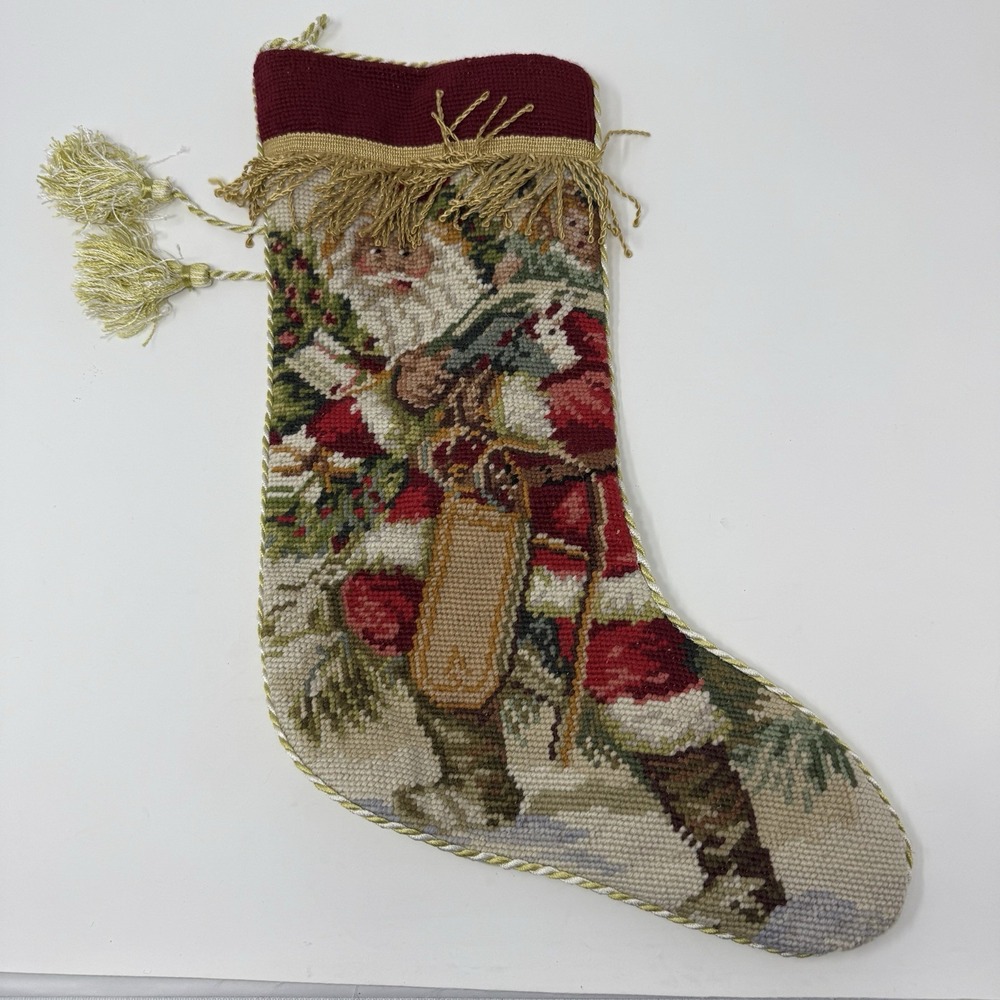 Vintage Imperial Elegance Christmas Stocking Wool Needlepoint Santa White/Cream